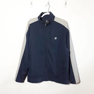 BMW Logo Nylon Navy Blue Zip Up Jacket, size Medium, VGUC! Tech Pocket Work Gray